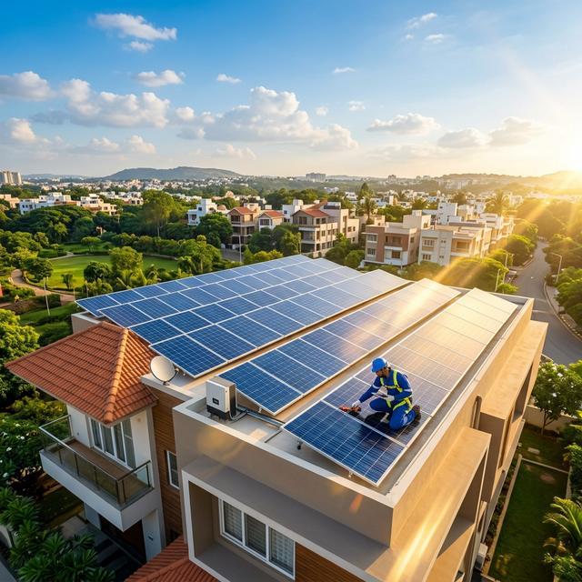 Solar panel installation on modern Indian rooftop