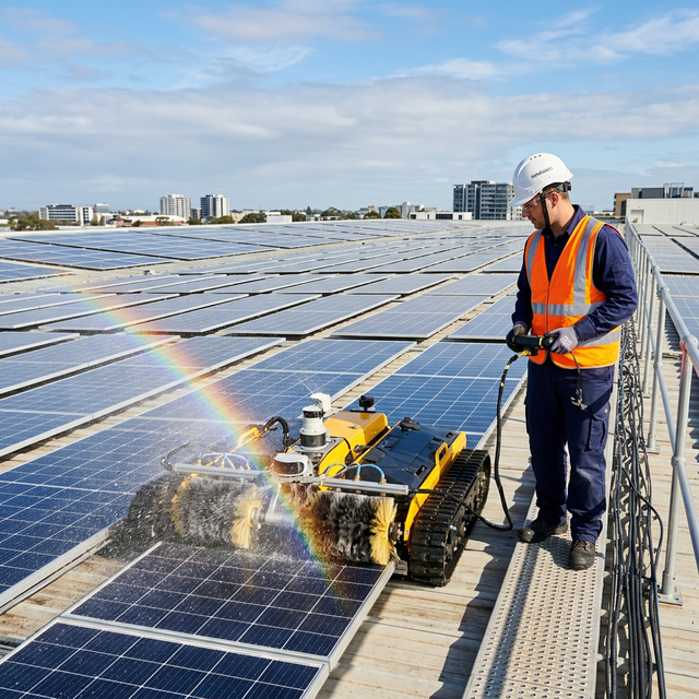 Professional solar panel cleaning technician at work